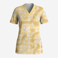Melemele Aloha Hawaii Scrub Top Plumeria Lei With Palaka Motif LT14 Adult Yellow - Polynesian Pride