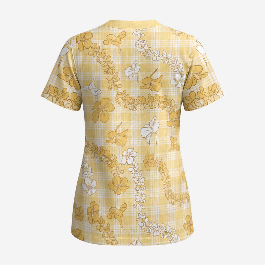 Melemele Aloha Hawaii Scrub Top Plumeria Lei With Palaka Motif LT14 - Polynesian Pride
