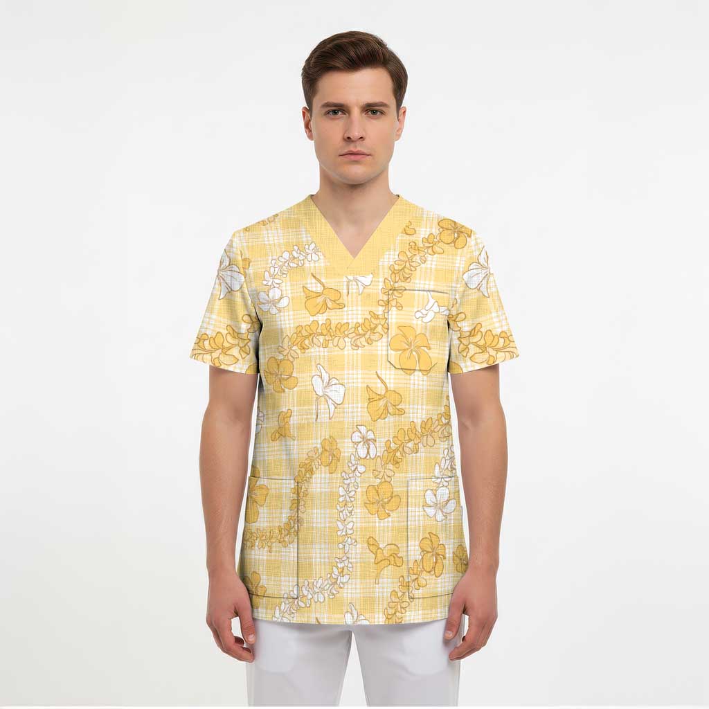 Melemele Aloha Hawaii Scrub Top Plumeria Lei With Palaka Motif LT14 - Polynesian Pride