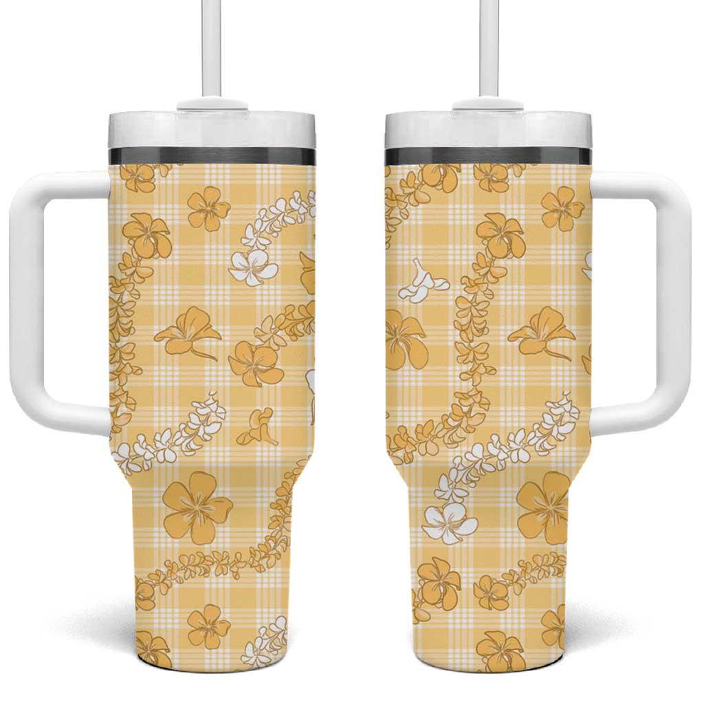 Melemele Aloha Hawaii Tumbler With Handle Plumeria Lei With Palaka Motif - Polynesian Pride