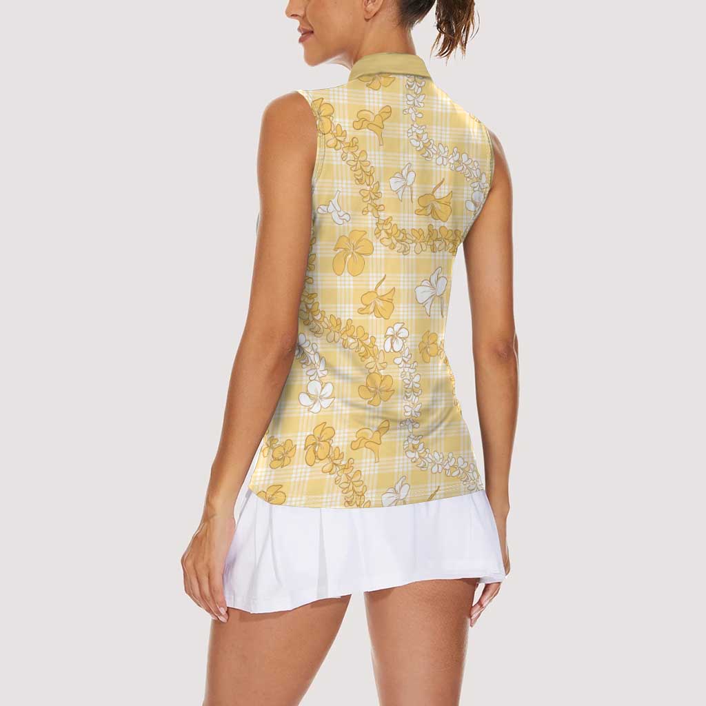 Melemele Aloha Hawaii Women Sleeveless Polo Shirt Plumeria Lei With Palaka Motif - Polynesian Pride