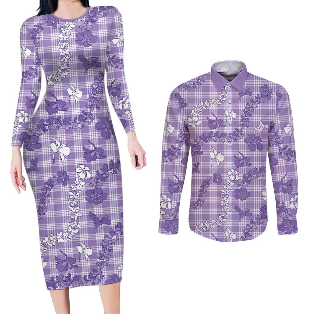Poni Aloha Hawaii Couples Matching Long Sleeve Bodycon Dress and Long Sleeve Button Shirt Plumeria Lei With Palaka Motif - Polynesian Pride