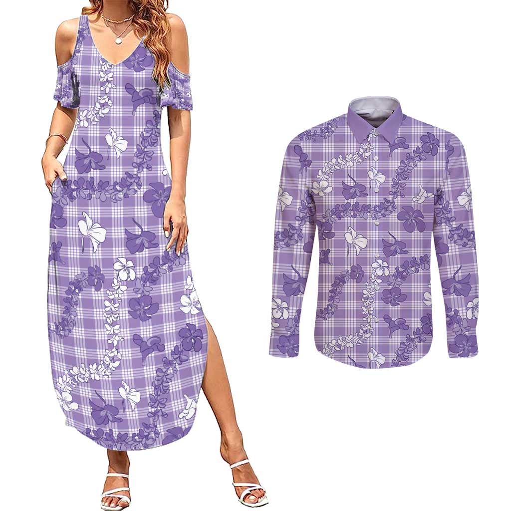 Poni Aloha Hawaii Couples Matching Summer Maxi Dress and Long Sleeve Button Shirt Plumeria Lei With Palaka Motif - Polynesian Pride
