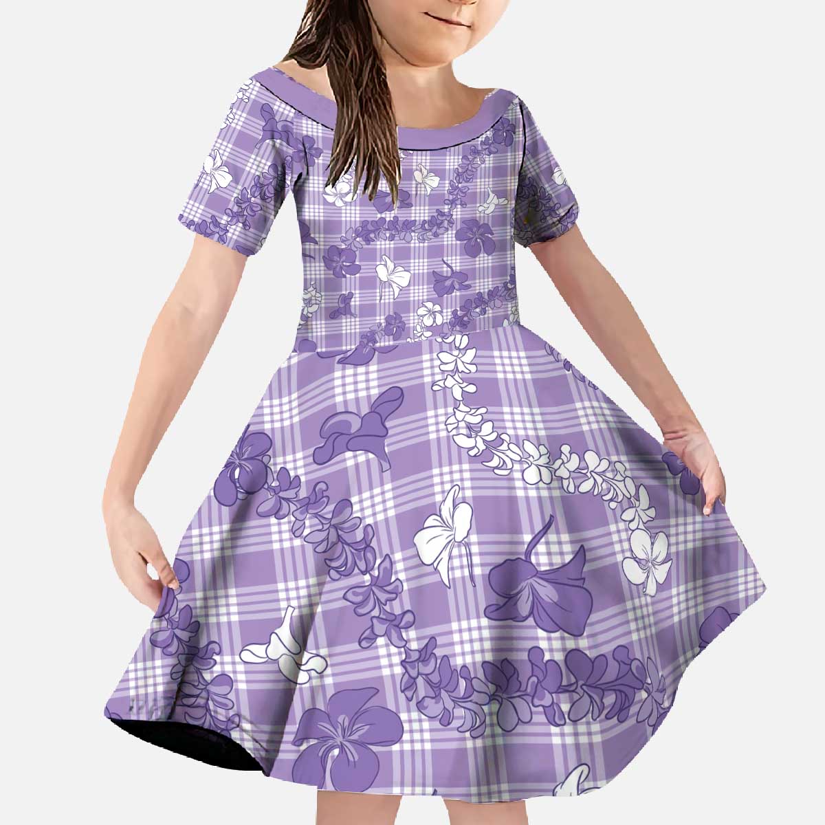 Poni Aloha Hawaii Family Matching Off The Shoulder Long Sleeve Dress and Hawaiian Shirt Plumeria Lei With Palaka Motif - Polynesian Pride