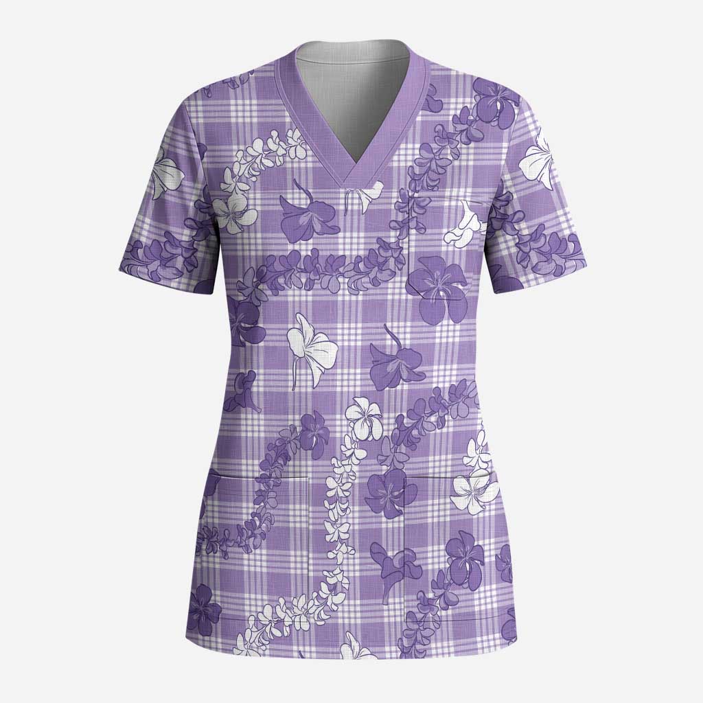 Poni Aloha Hawaii Scrub Top Plumeria Lei With Palaka Motif LT14 Adult Purple - Polynesian Pride