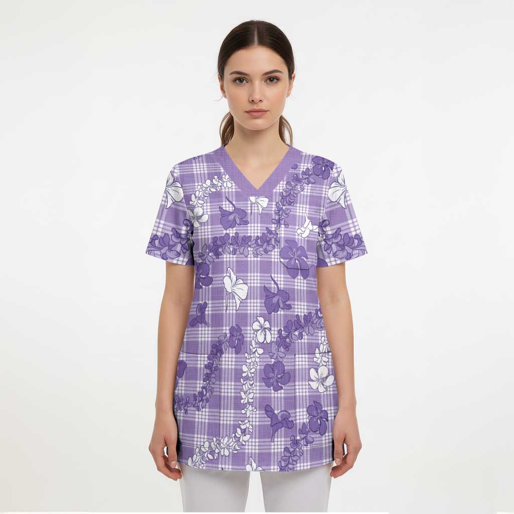 Poni Aloha Hawaii Scrub Top Plumeria Lei With Palaka Motif LT14 - Polynesian Pride