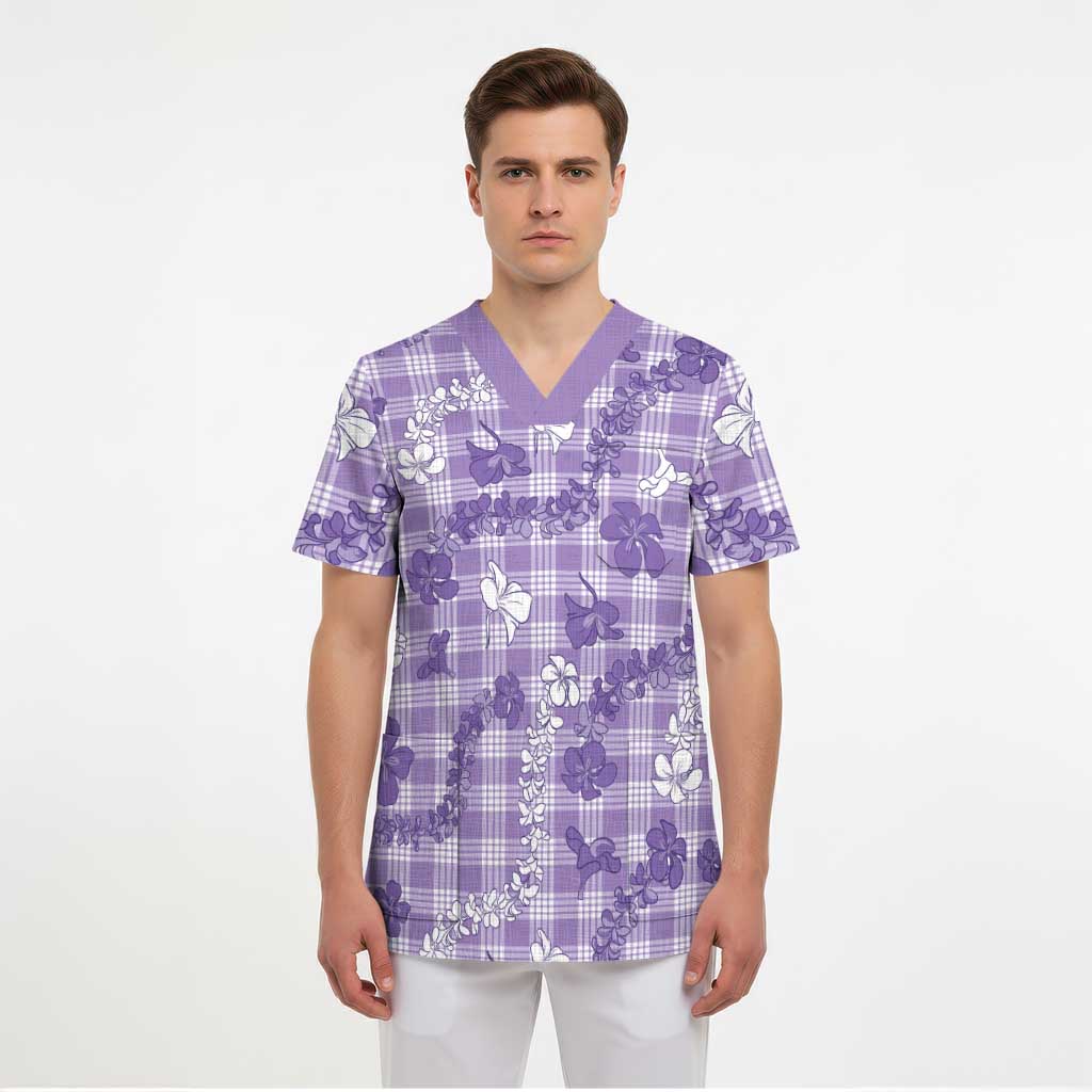 Poni Aloha Hawaii Scrub Top Plumeria Lei With Palaka Motif LT14 - Polynesian Pride