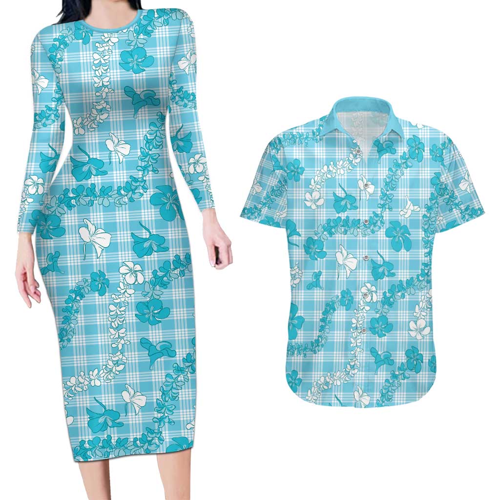 Polu Aloha Hawaii Couples Matching Long Sleeve Bodycon Dress and Hawaiian Shirt Plumeria Lei With Palaka Motif - Polynesian Pride