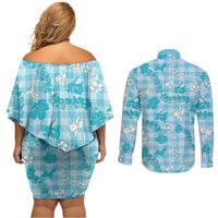 Polu Aloha Hawaii Couples Matching Off Shoulder Short Dress and Long Sleeve Button Shirt Plumeria Lei With Palaka Motif - Polynesian Pride