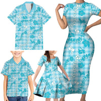 Polu Aloha Hawaii Family Matching Short Sleeve Bodycon Dress and Hawaiian Shirt Plumeria Lei With Palaka Motif - Polynesian Pride
