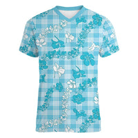 Polu Aloha Hawaii Women V-Neck T-Shirt Plumeria Lei With Palaka Motif - Polynesian Pride