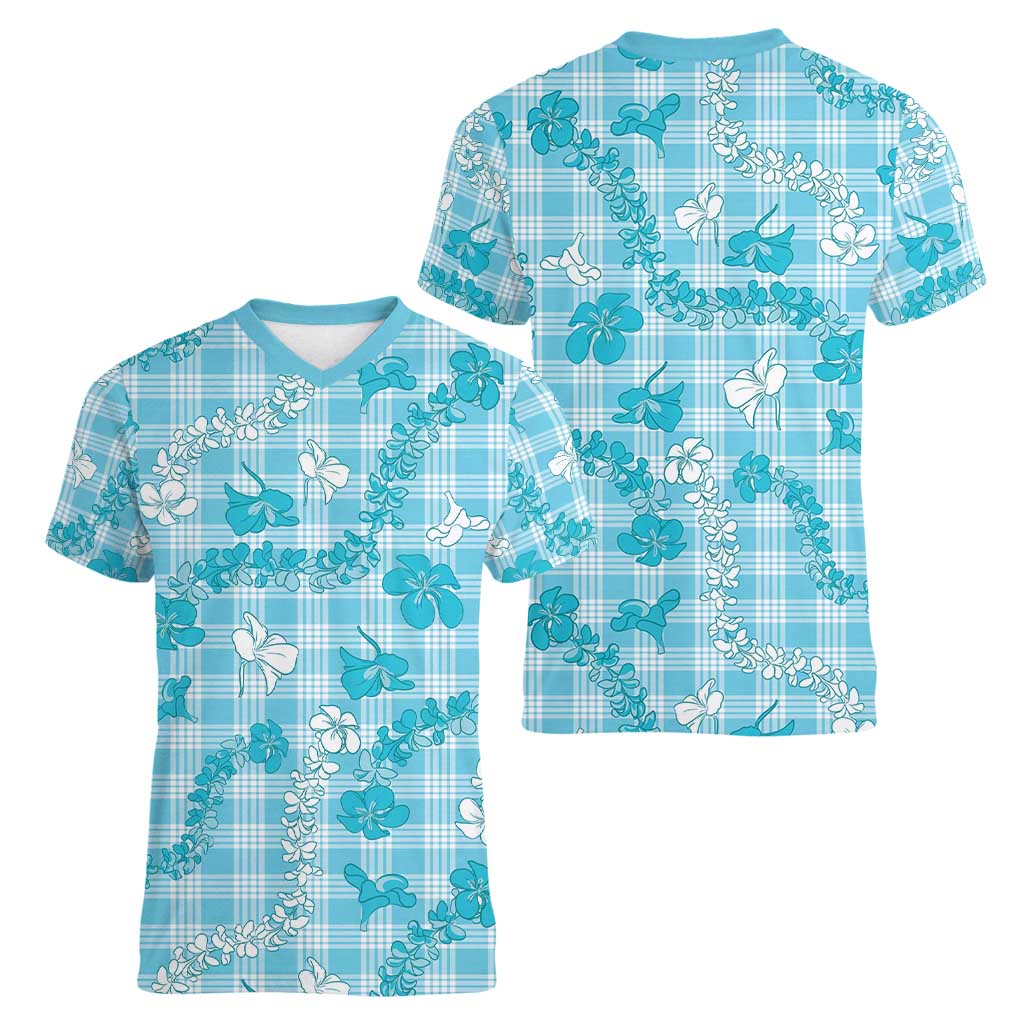 Polu Aloha Hawaii Women V-Neck T-Shirt Plumeria Lei With Palaka Motif - Polynesian Pride