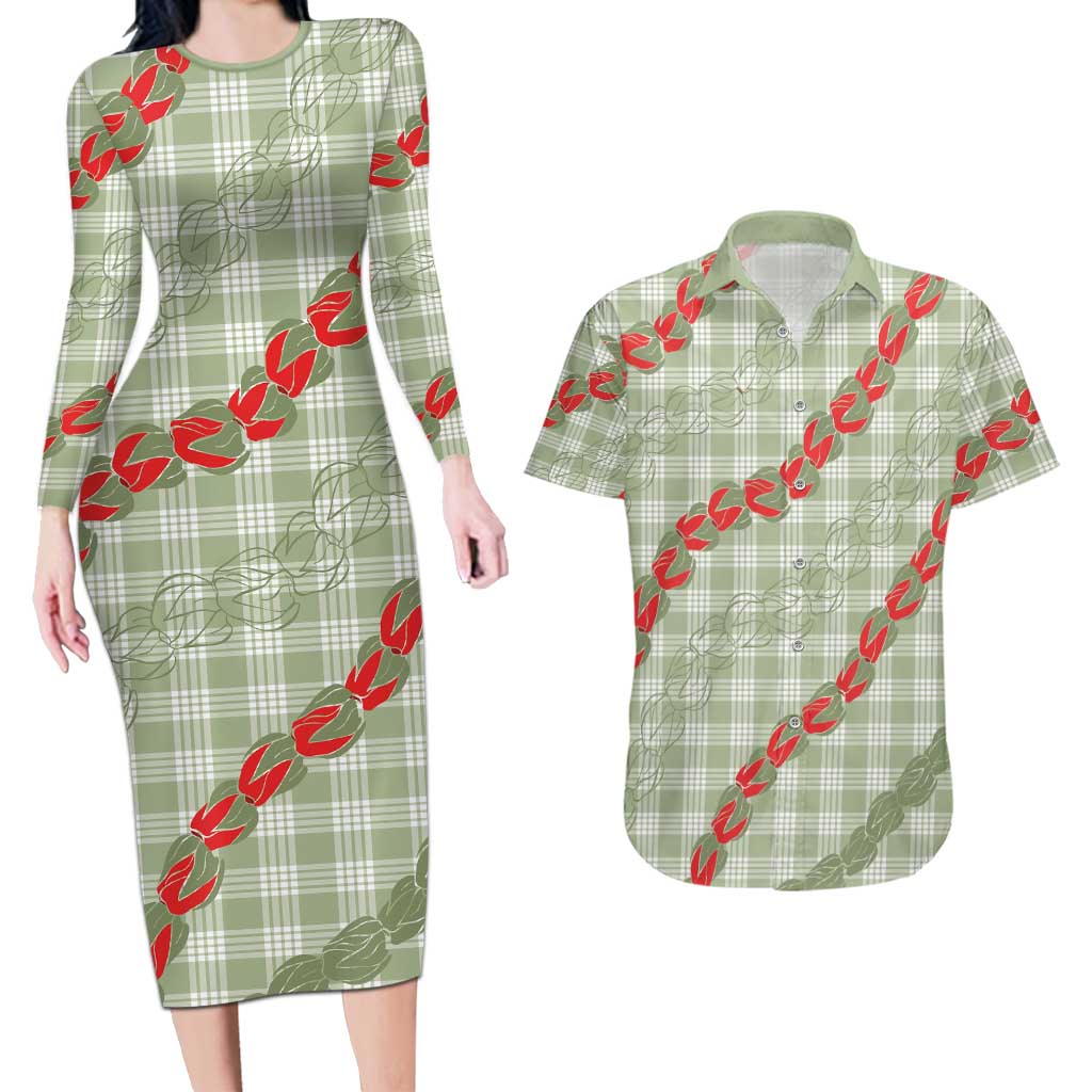 Omaomao Aloha Hawaii Couples Matching Long Sleeve Bodycon Dress and Hawaiian Shirt Rosebud Lei With Palaka Motif - Polynesian Pride