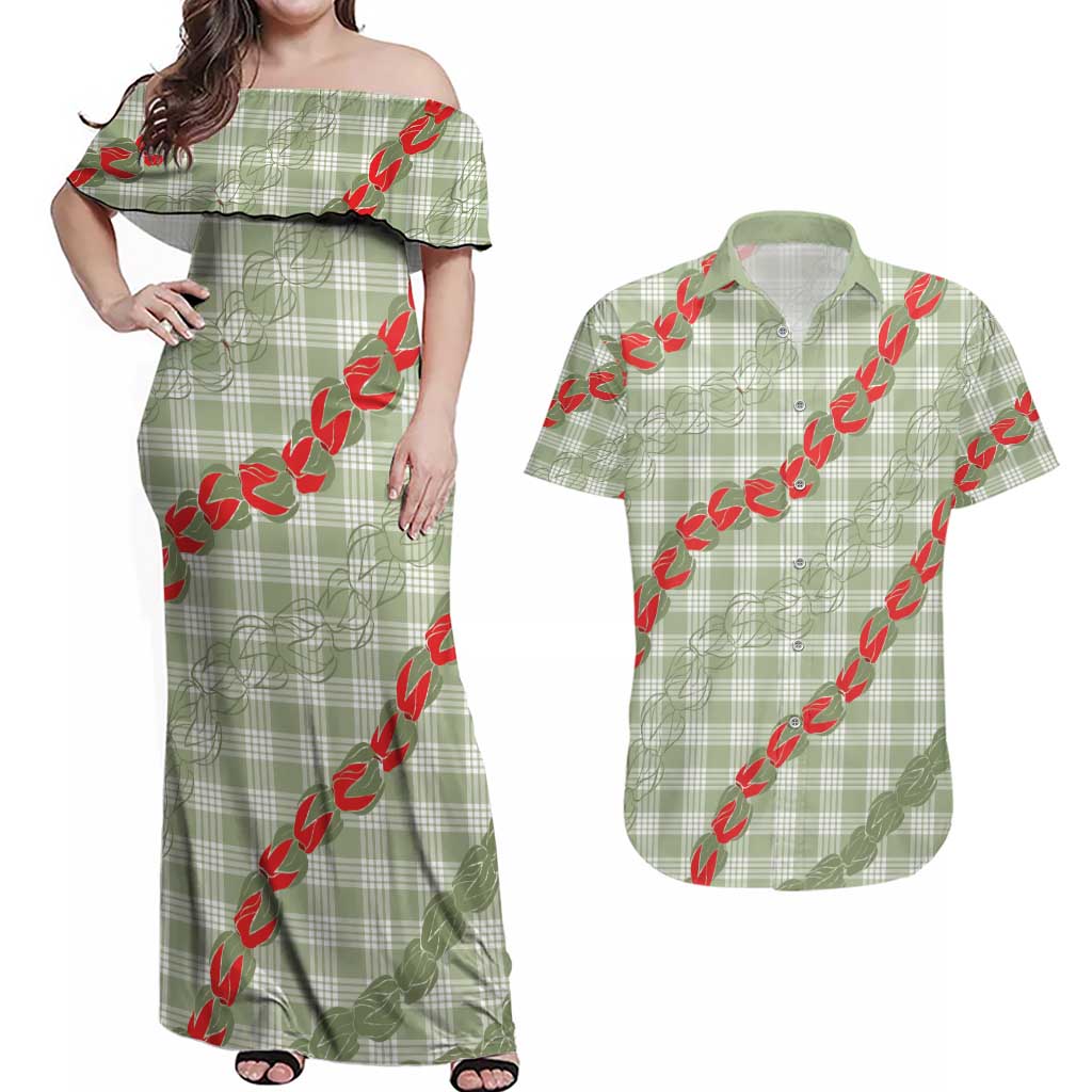Omaomao Aloha Hawaii Couples Matching Off Shoulder Maxi Dress and Hawaiian Shirt Rosebud Lei With Palaka Motif - Polynesian Pride