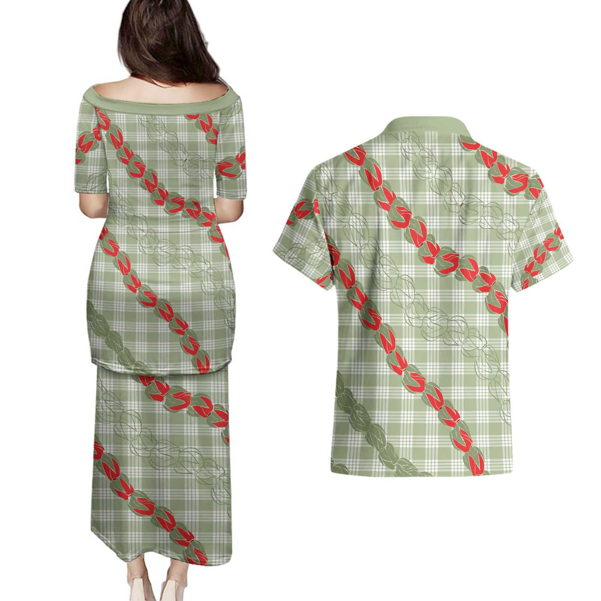 Omaomao Aloha Hawaii Couples Matching Puletasi and Hawaiian Shirt Rosebud Lei With Palaka Motif - Polynesian Pride