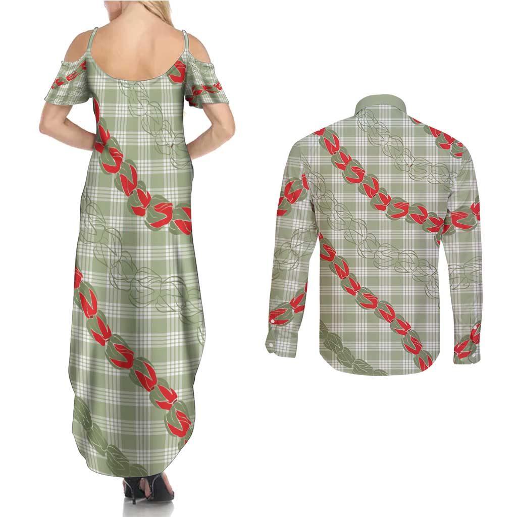 Omaomao Aloha Hawaii Couples Matching Summer Maxi Dress and Long Sleeve Button Shirt Rosebud Lei With Palaka Motif - Polynesian Pride