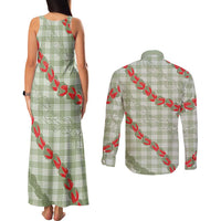 Omaomao Aloha Hawaii Couples Matching Tank Maxi Dress and Long Sleeve Button Shirt Rosebud Lei With Palaka Motif - Polynesian Pride