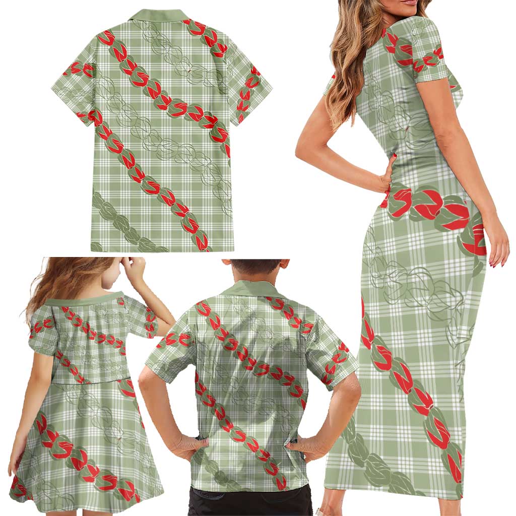 Omaomao Aloha Hawaii Family Matching Short Sleeve Bodycon Dress and Hawaiian Shirt Rosebud Lei With Palaka Motif - Polynesian Pride