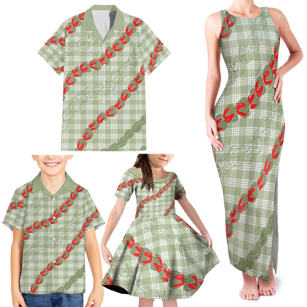 Omaomao Aloha Hawaii Family Matching Tank Maxi Dress and Hawaiian Shirt Rosebud Lei With Palaka Motif - Polynesian Pride