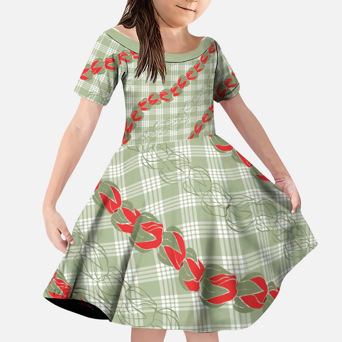 Omaomao Aloha Hawaii Kid Short Sleeve Dress Rosebud Lei With Palaka Motif - Polynesian Pride