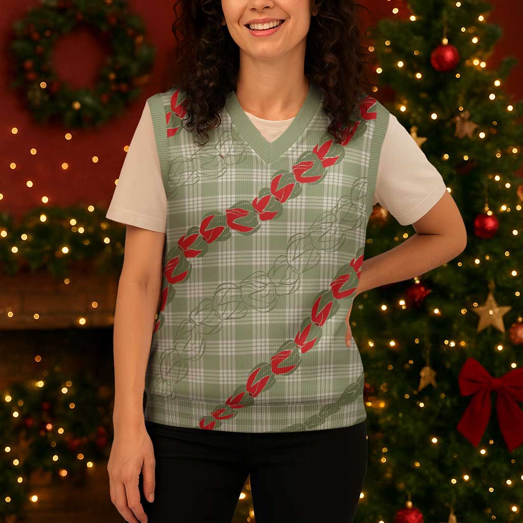 Omaomao Aloha Hawaii Christmas Knitted V-Neck Vest Rosebud Lei With Palaka Motif - Polynesian Pride