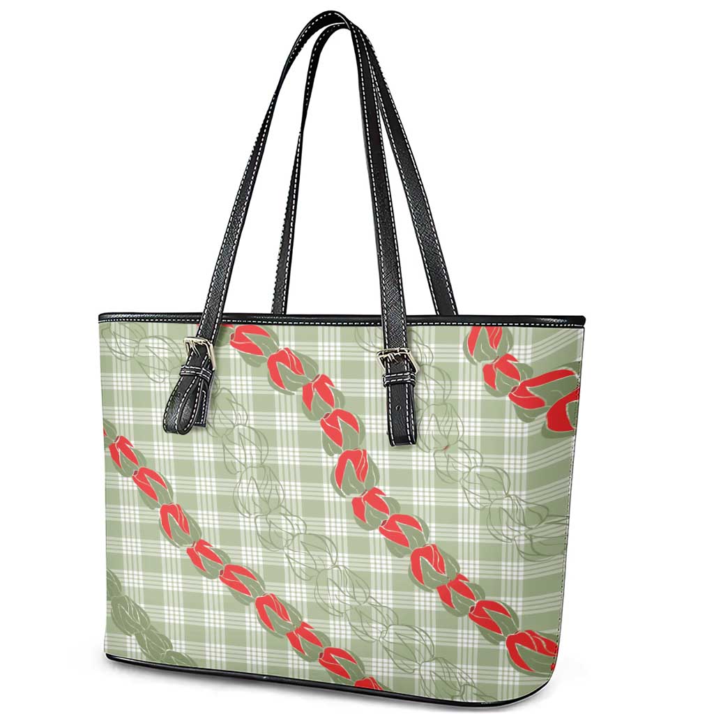 Omaomao Aloha Hawaii Leather Tote Bag Rosebud Lei With Palaka Motif - Polynesian Pride