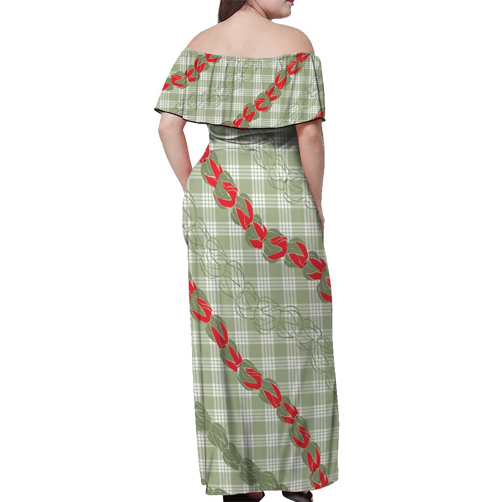 Omaomao Aloha Hawaii Off Shoulder Maxi Dress Rosebud Lei With Palaka Motif - Polynesian Pride