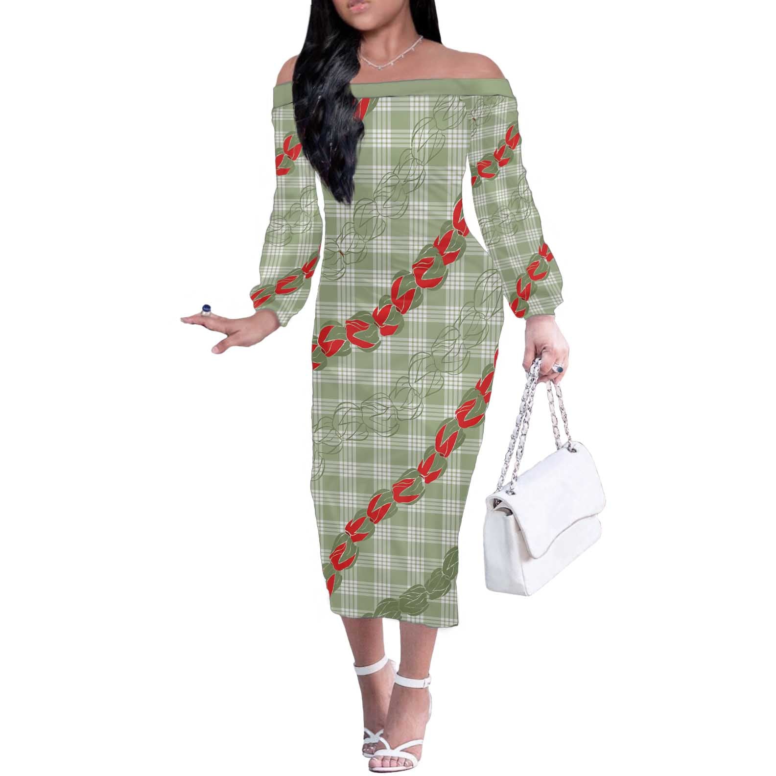 Omaomao Aloha Hawaii Off The Shoulder Long Sleeve Dress Rosebud Lei With Palaka Motif - Polynesian Pride