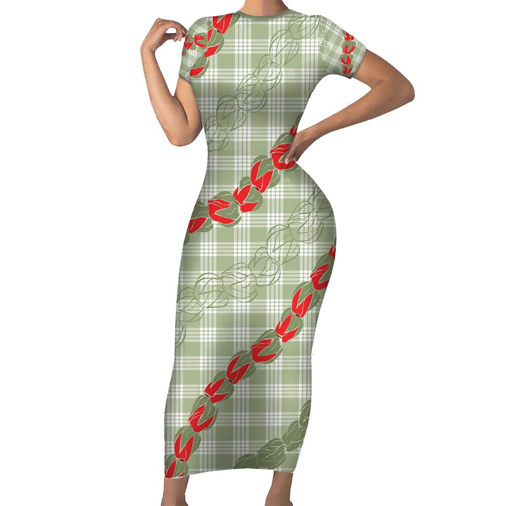Omaomao Aloha Hawaii Short Sleeve Bodycon Dress Rosebud Lei With Palaka Motif - Polynesian Pride