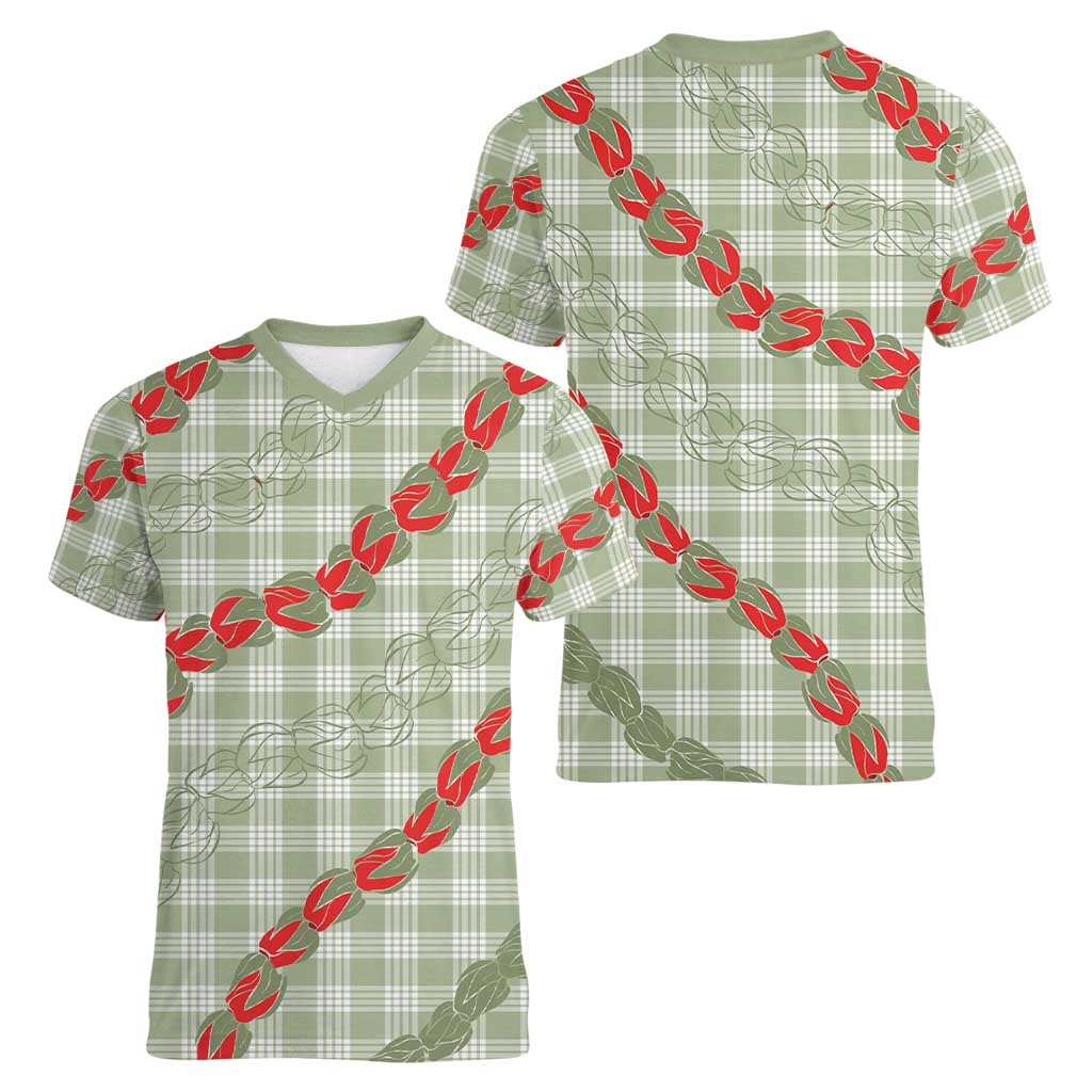 Omaomao Aloha Hawaii Women V-Neck T-Shirt Rosebud Lei With Palaka Motif - Polynesian Pride