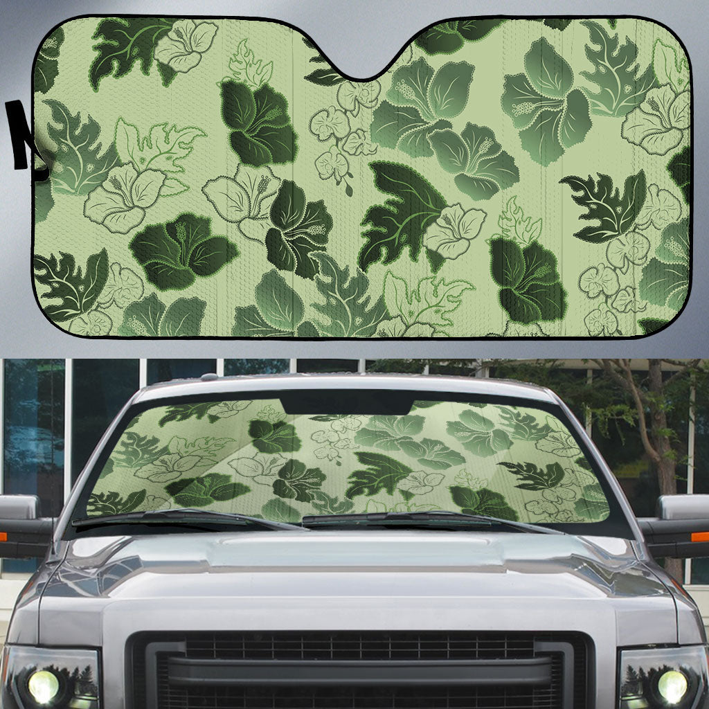 Vesuvian Green Aloha Hawaii Hibiscus Orchid Seamless Auto Sun Shade LT14 Green - Polynesian Pride