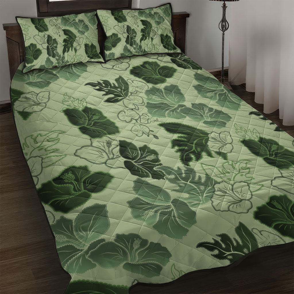 Vesuvian Green Aloha Hawaii Hibiscus Orchid Seamless Quilt Bed Set LT14 Green - Polynesian Pride
