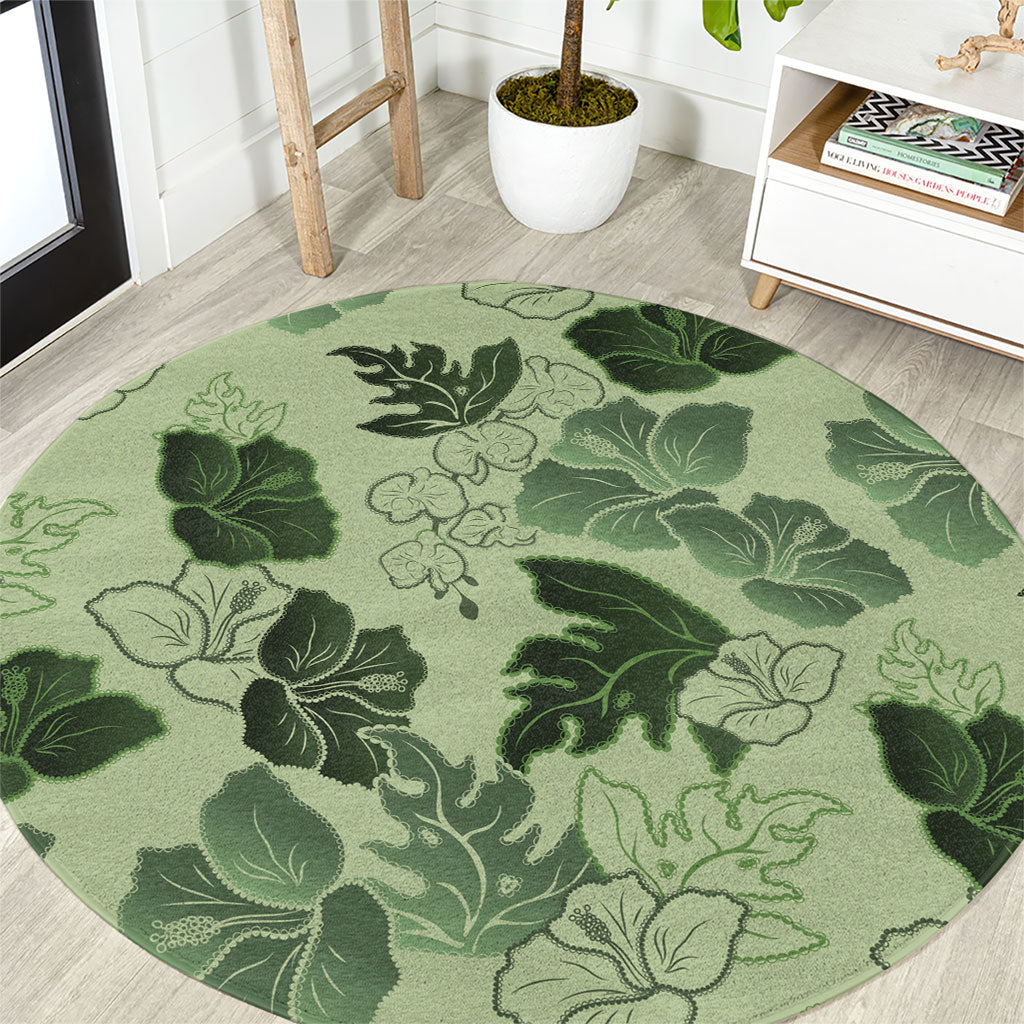 Vesuvian Green Aloha Hawaii Hibiscus Orchid Seamless Round Carpet LT14 Green - Polynesian Pride