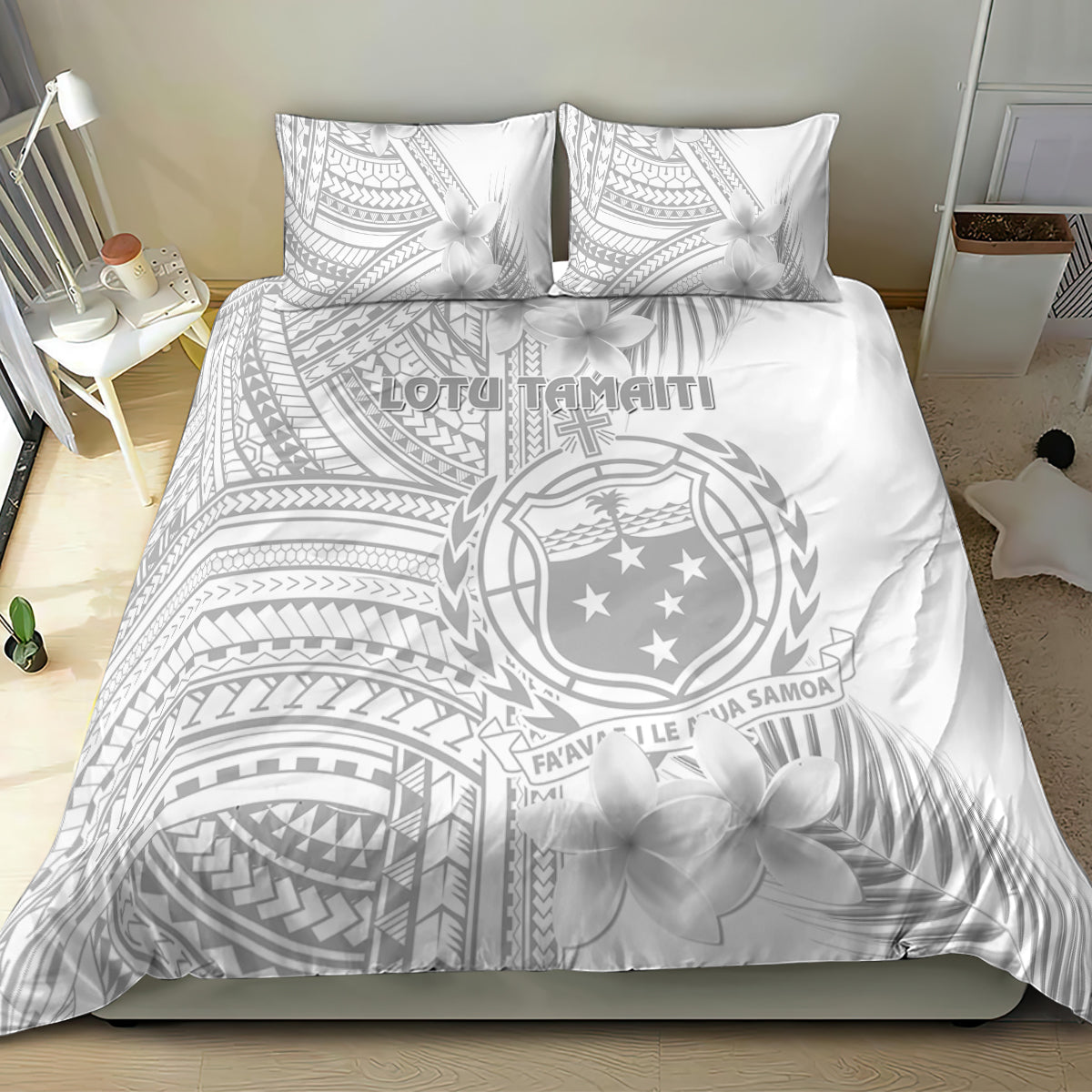 Samoa White Sunday Bedding Set Manuia le Aso Sa o Tamaiti Polynesian Plumeria LT14 - Polynesian Pride