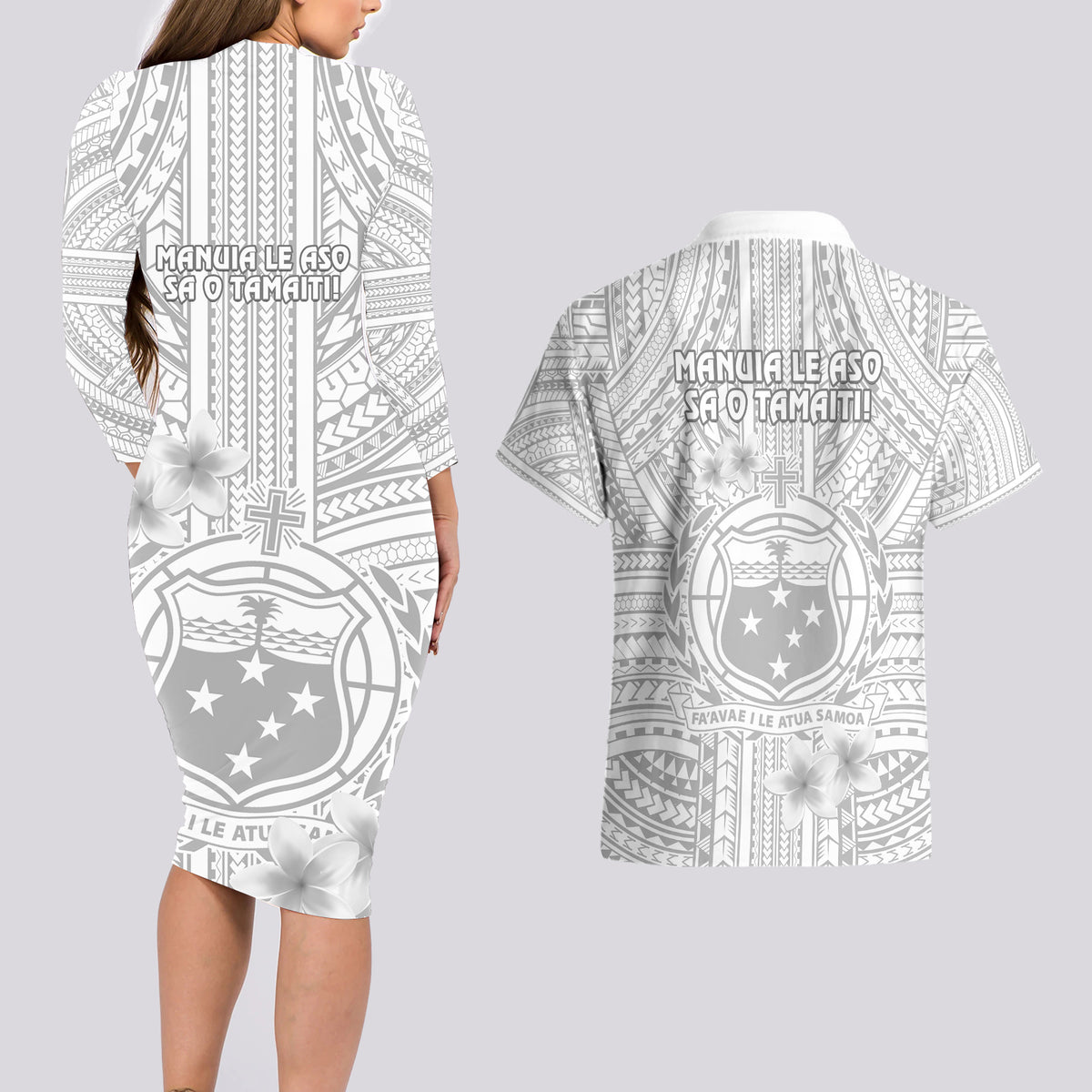 samoa-white-sunday-couples-matching-long-sleeve-bodycon-dress-and-hawaiian-shirt-manuia-le-aso-sa-o-tamaiti-polynesian-plumeria