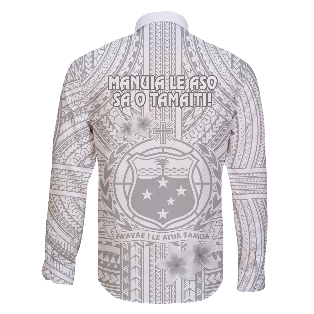 samoa-white-sunday-family-matching-off-shoulder-long-sleeve-dress-and-hawaiian-shirt-manuia-le-aso-sa-o-tamaiti-polynesian-plumeria