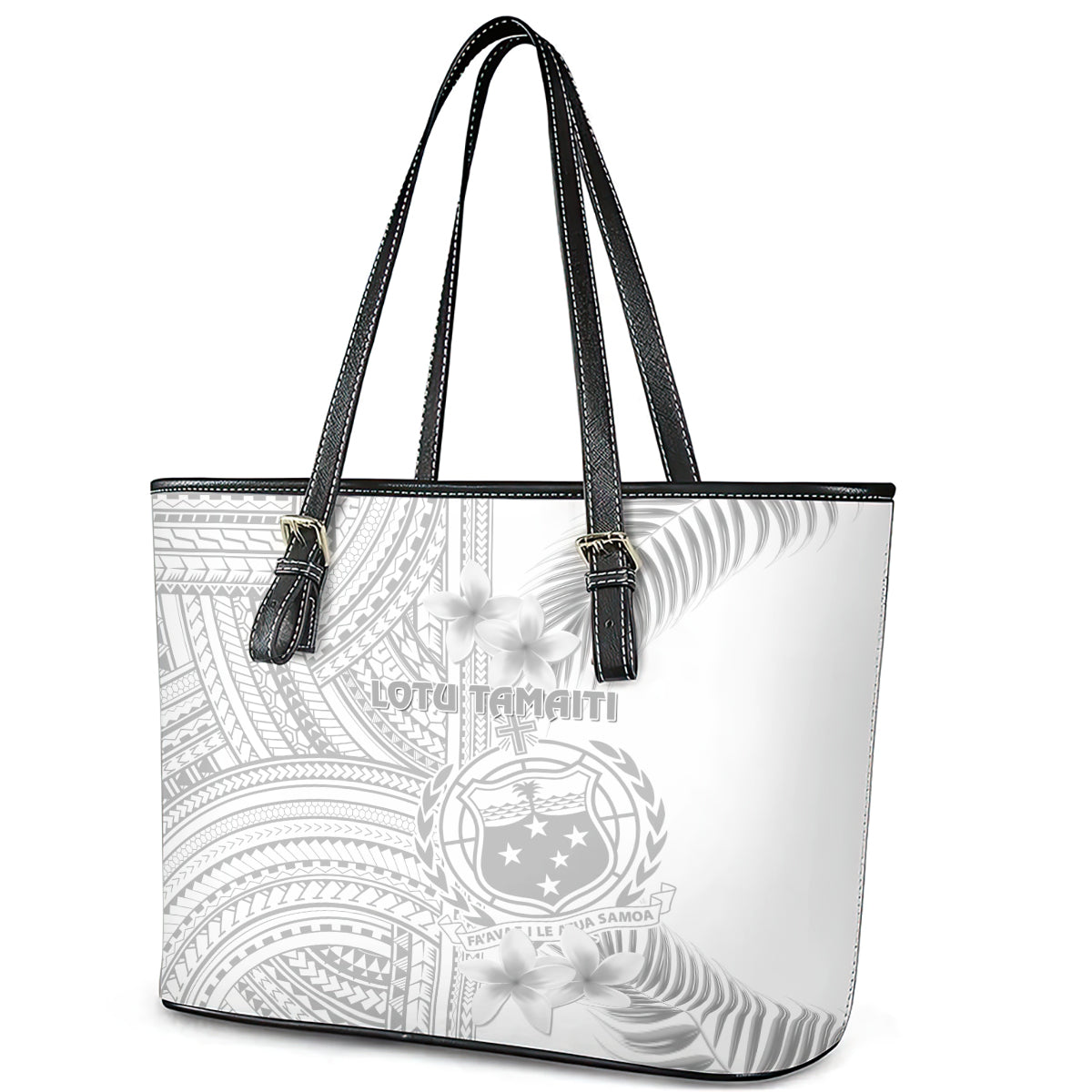 Samoa White Sunday Leather Tote Bag Manuia le Aso Sa o Tamaiti Polynesian Plumeria LT14 - Polynesian Pride