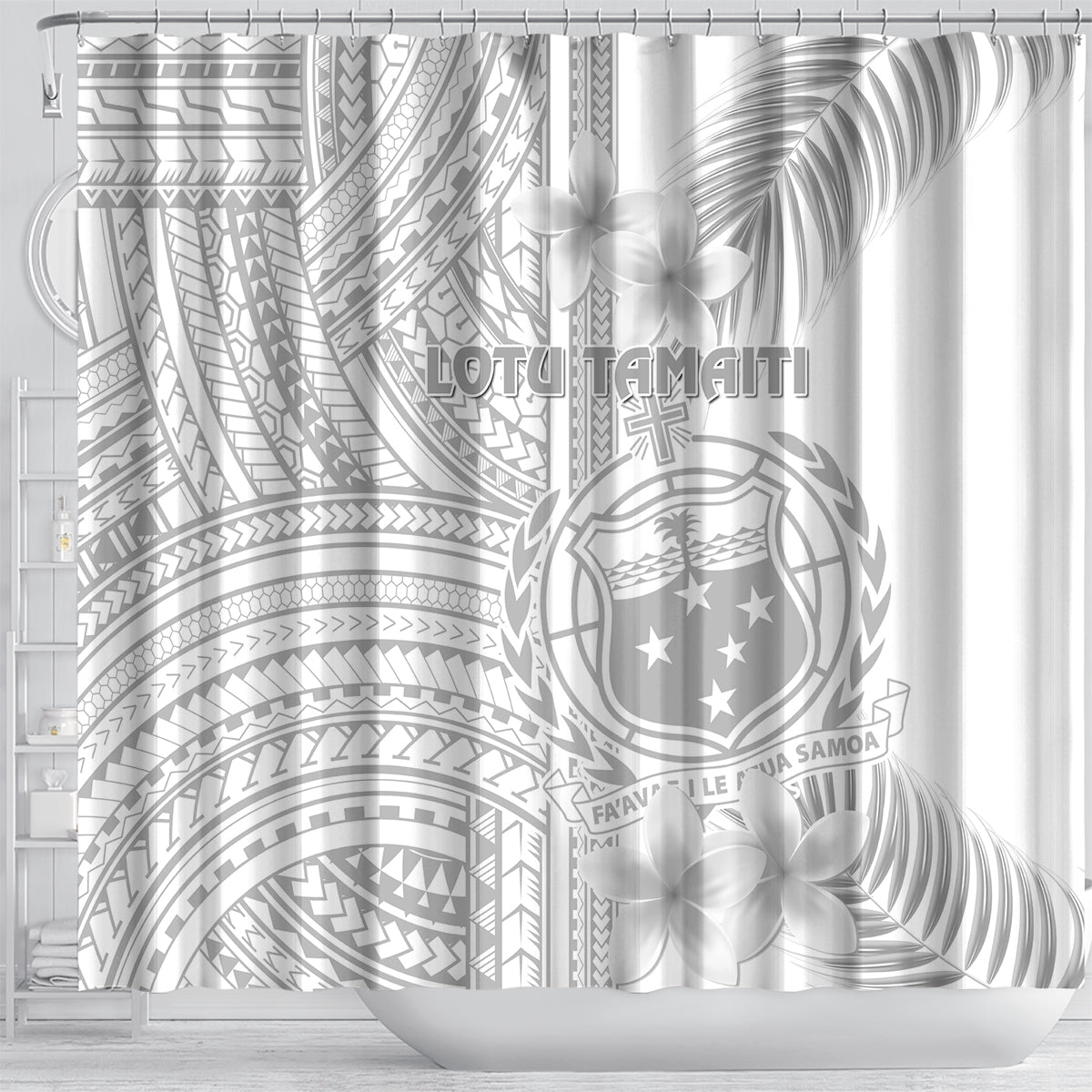 Samoa White Sunday Shower Curtain Manuia le Aso Sa o Tamaiti Polynesian Plumeria LT14 - Polynesian Pride