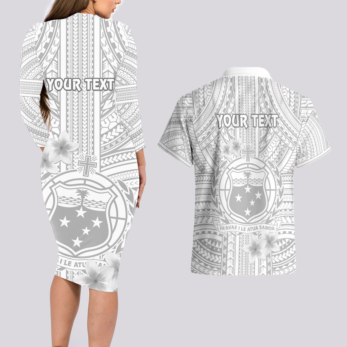 personalised-samoa-white-sunday-couples-matching-long-sleeve-bodycon-dress-and-hawaiian-shirt-manuia-le-aso-sa-o-tamaiti-polynesian-plumeria