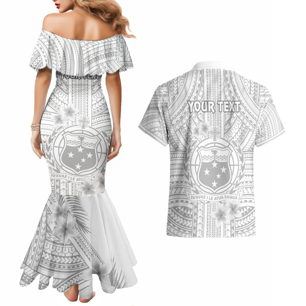 personalised-samoa-white-sunday-couples-matching-mermaid-dress-and-hawaiian-shirt-manuia-le-aso-sa-o-tamaiti-polynesian-plumeria