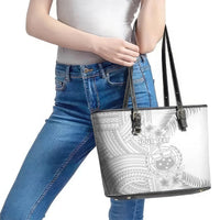 Personalised Samoa White Sunday Leather Tote Bag Manuia le Aso Sa o Tamaiti Polynesian Plumeria LT14 - Polynesian Pride