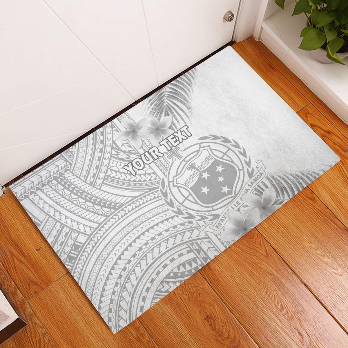 Personalised Samoa White Sunday Rubber Doormat Manuia le Aso Sa o Tamaiti Polynesian Plumeria LT14 White - Polynesian Pride