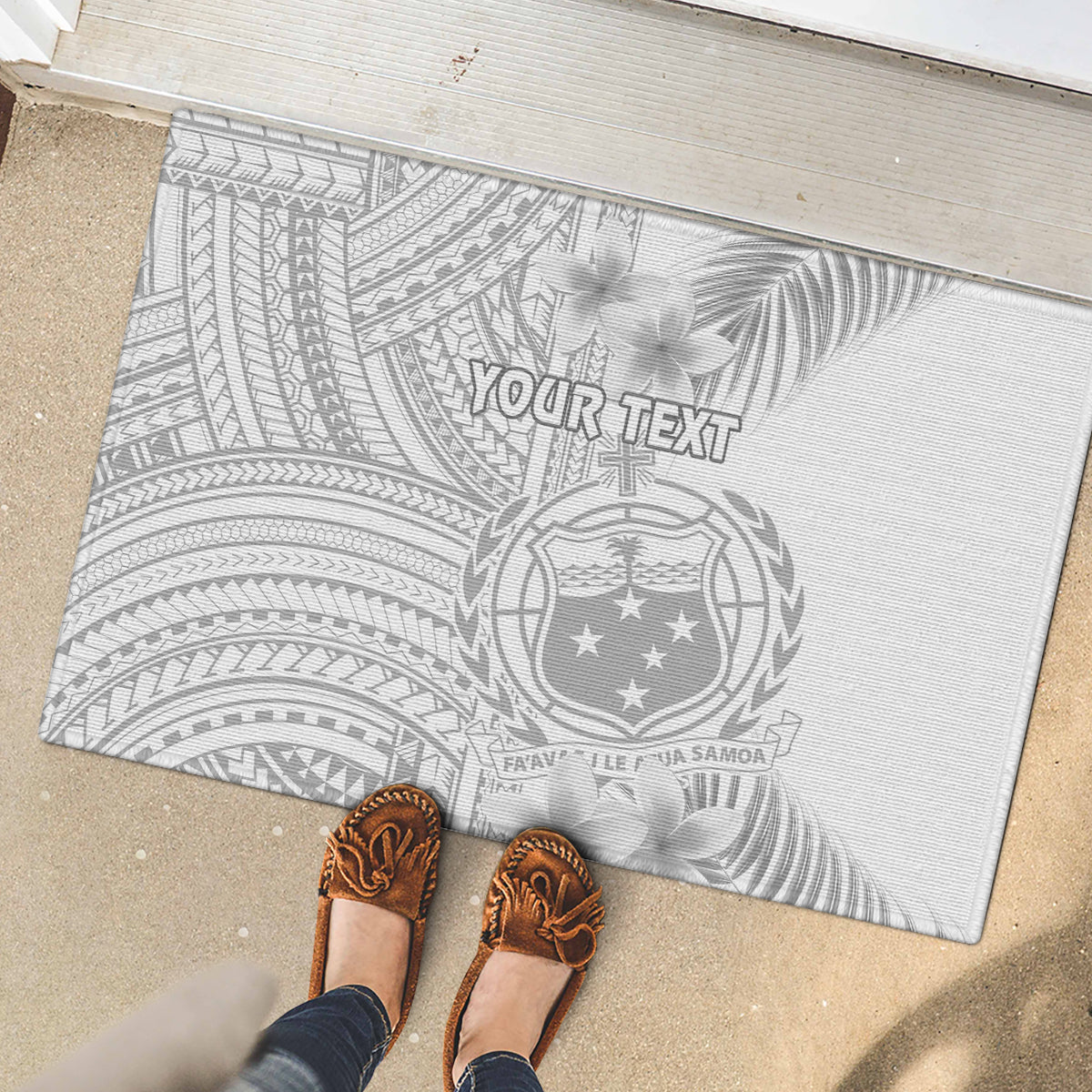 Personalised Samoa White Sunday Rubber Doormat Manuia le Aso Sa o Tamaiti Polynesian Plumeria LT14 - Polynesian Pride