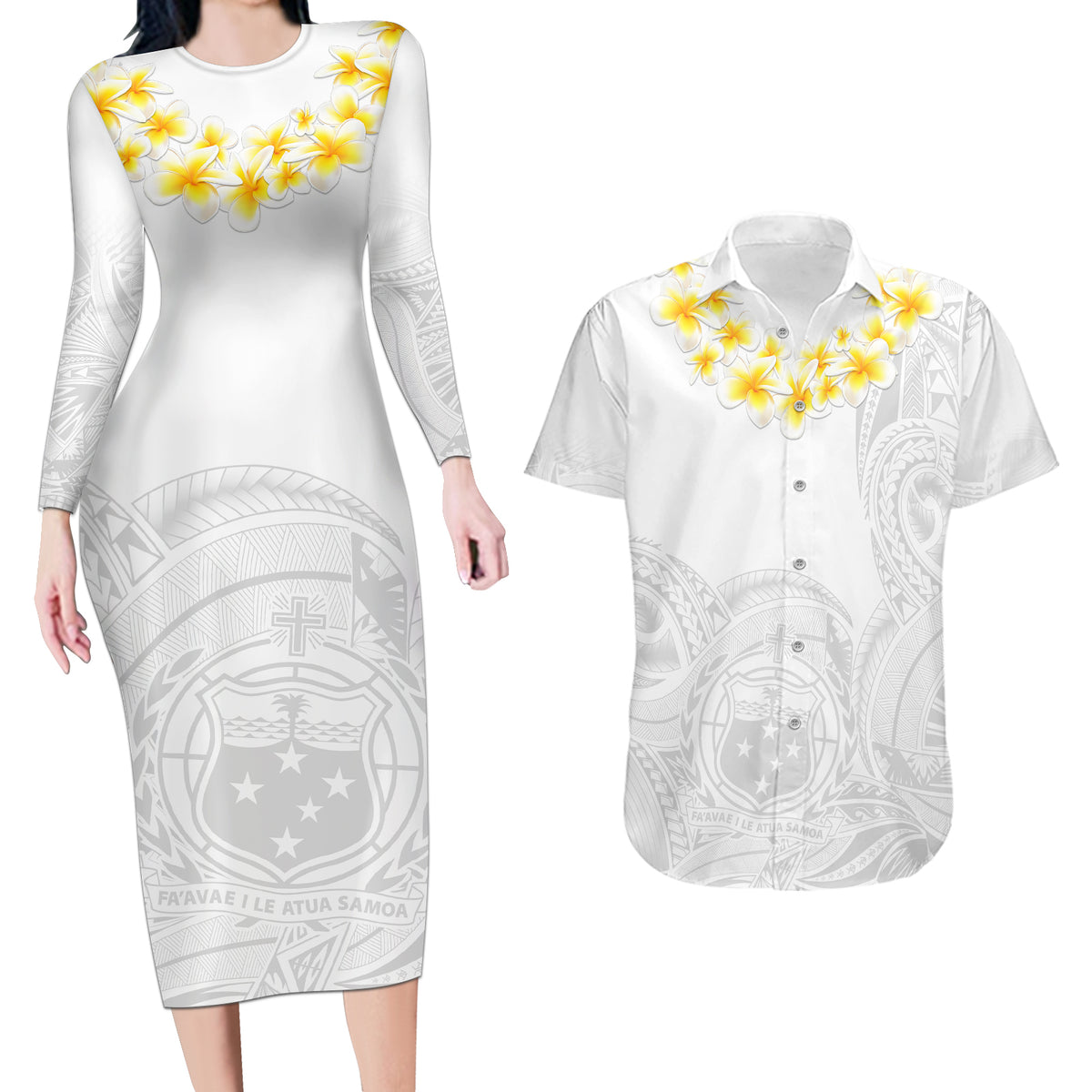Samoa White Sunday Couples Matching Long Sleeve Bodycon Dress and Hawaiian Shirt Lotu Tamaiti 2023 With Coat Of Arms LT14 White - Polynesian Pride