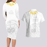 Samoa White Sunday Couples Matching Long Sleeve Bodycon Dress and Hawaiian Shirt Lotu Tamaiti 2023 With Coat Of Arms LT14 - Polynesian Pride