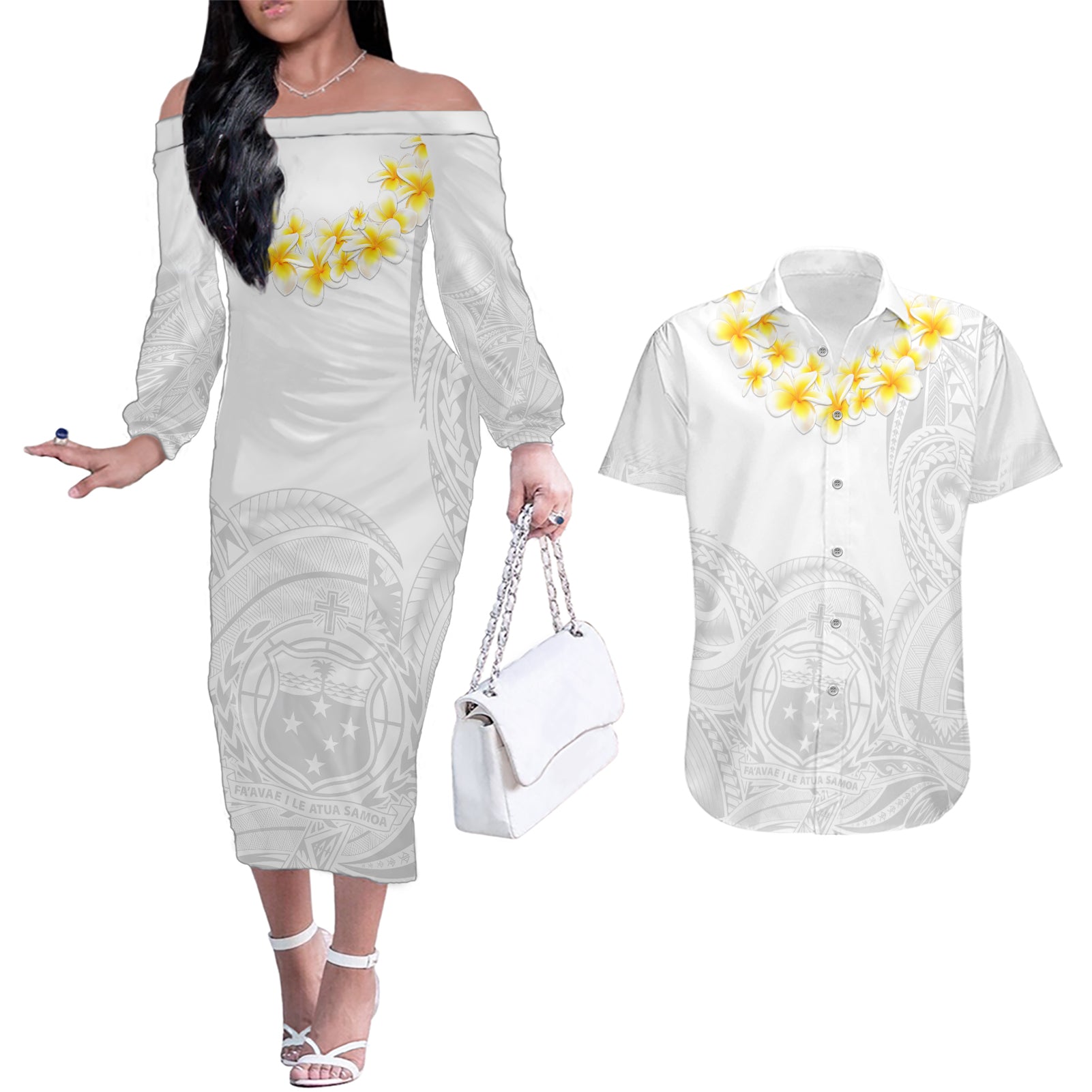 Samoa White Sunday Couples Matching Off The Shoulder Long Sleeve Dress and Hawaiian Shirt Lotu Tamaiti 2023 With Coat Of Arms LT14 White - Polynesian Pride