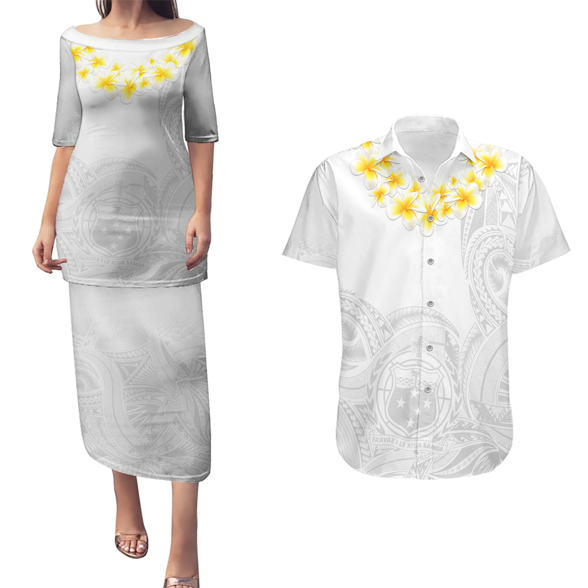 Samoa White Sunday Couples Matching Puletasi Dress and Hawaiian Shirt Lotu Tamaiti 2023 With Coat Of Arms LT14 White - Polynesian Pride