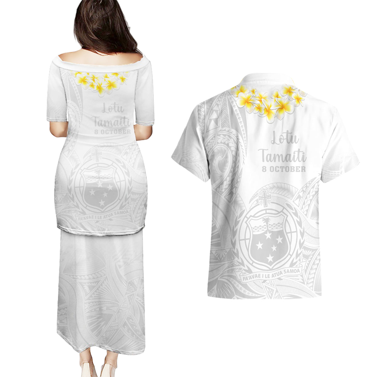 Samoa White Sunday Couples Matching Puletasi Dress and Hawaiian Shirt Lotu Tamaiti 2023 With Coat Of Arms LT14 - Polynesian Pride