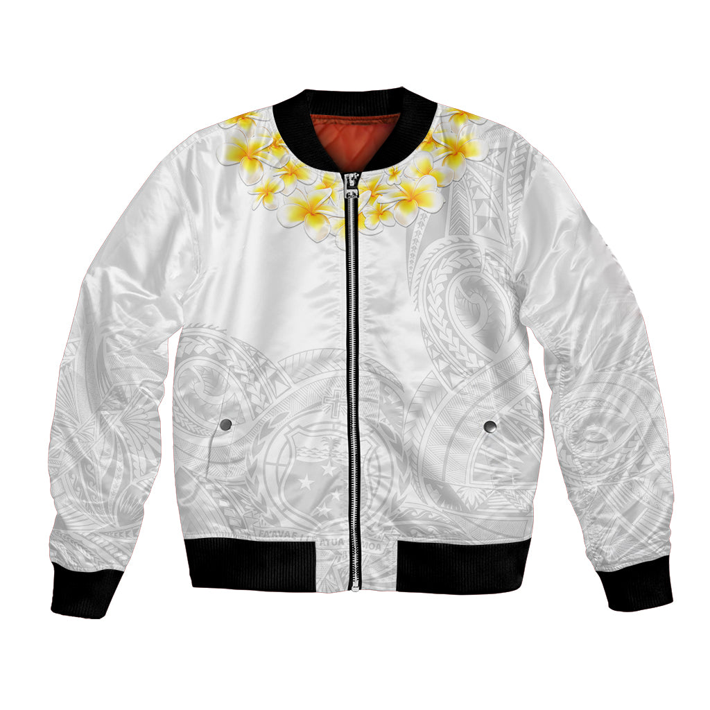 Personalised Samoa White Sunday Bomber Jacket Lotu Tamaiti 2023 With Coat Of Arms LT14 Unisex White - Polynesian Pride
