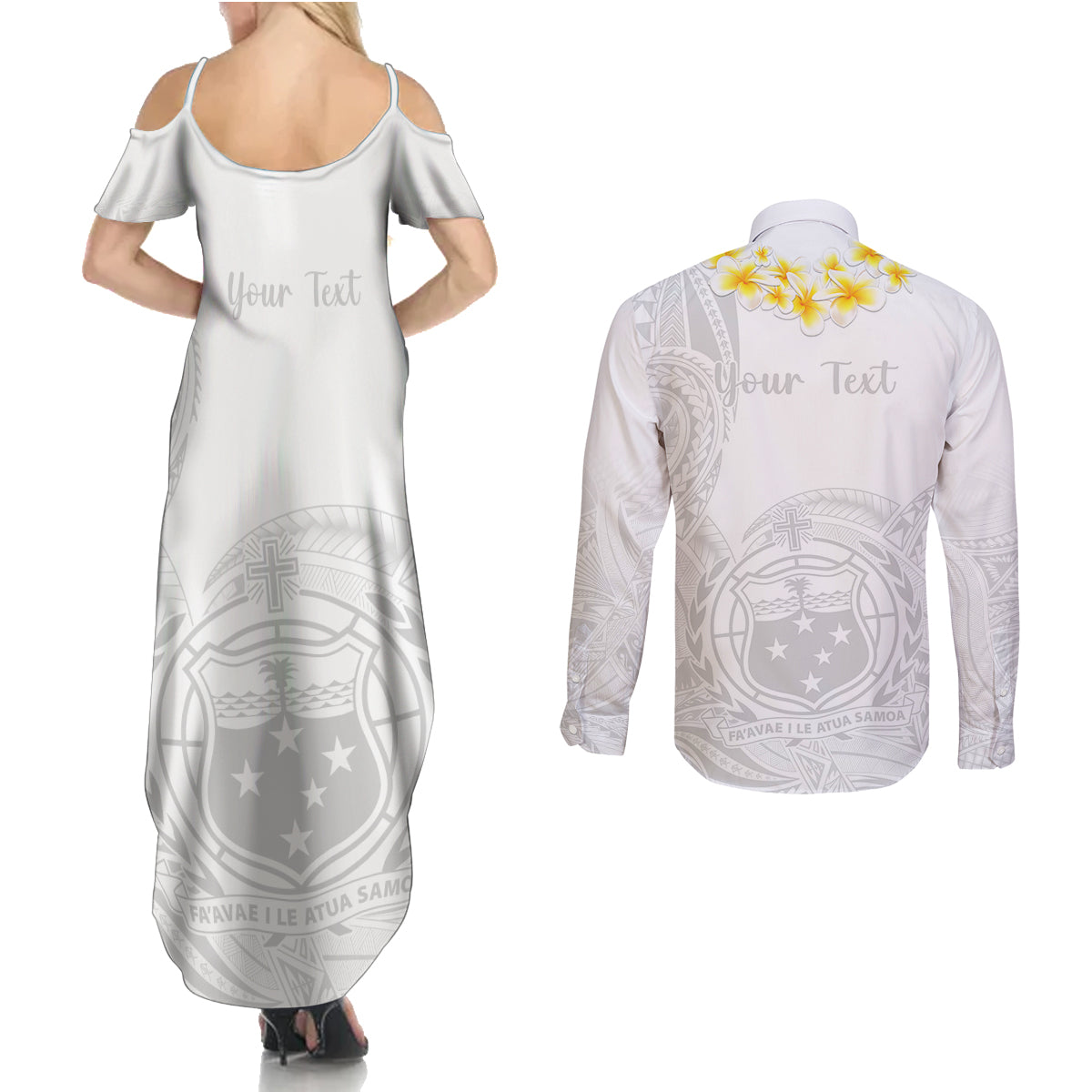 Personalised Samoa White Sunday Couples Matching Summer Maxi Dress and Long Sleeve Button Shirts Lotu Tamaiti 2023 With Coat Of Arms LT14 - Polynesian Pride